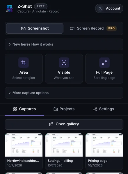 The Z-Shot popup with Area, Visible and Full Page capture buttons.