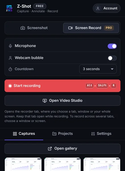 Z-Shot recording options: microphone, webcam bubble and countdown.