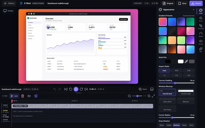 Z-Shot Video Studio: a recording on a gradient backdrop with a window frame, the timeline with video, zoom, text and audio tracks, and appearance settings.